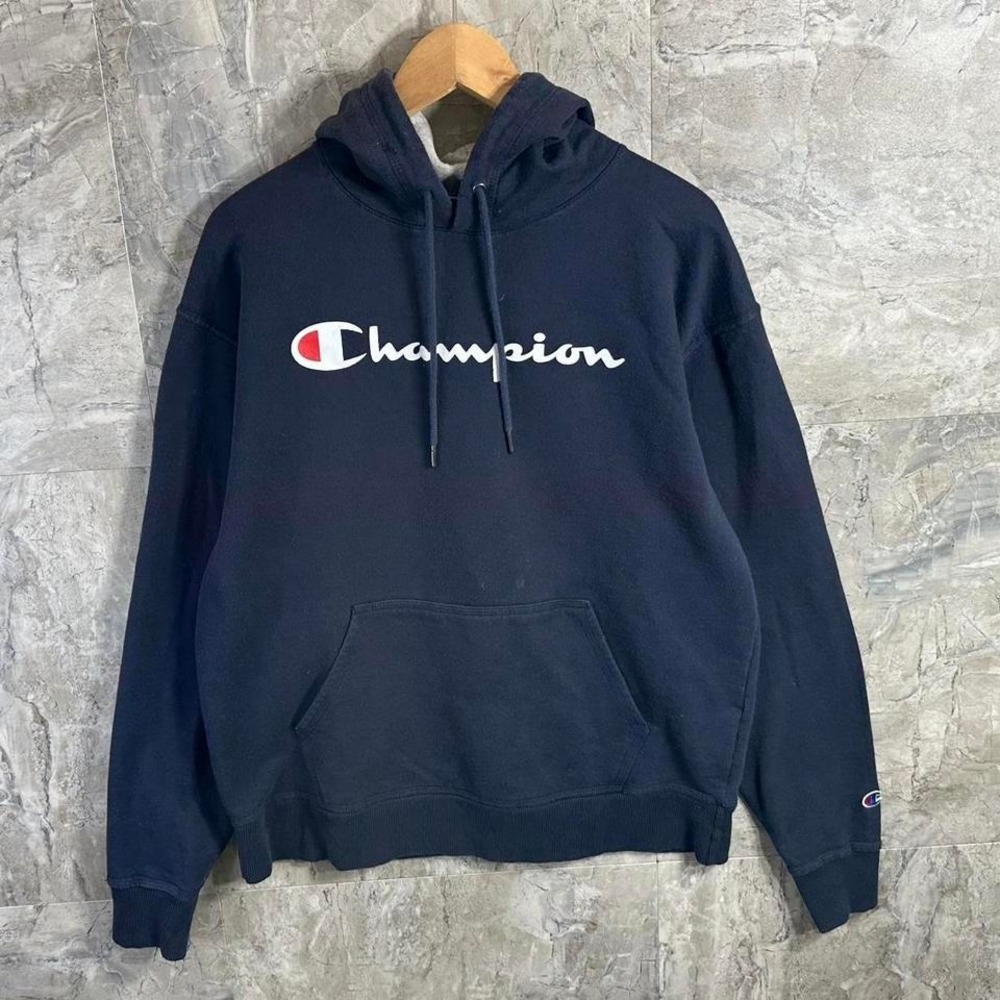 Champion navy blue hoodie with white logo Mens Size L #champion #hoodie